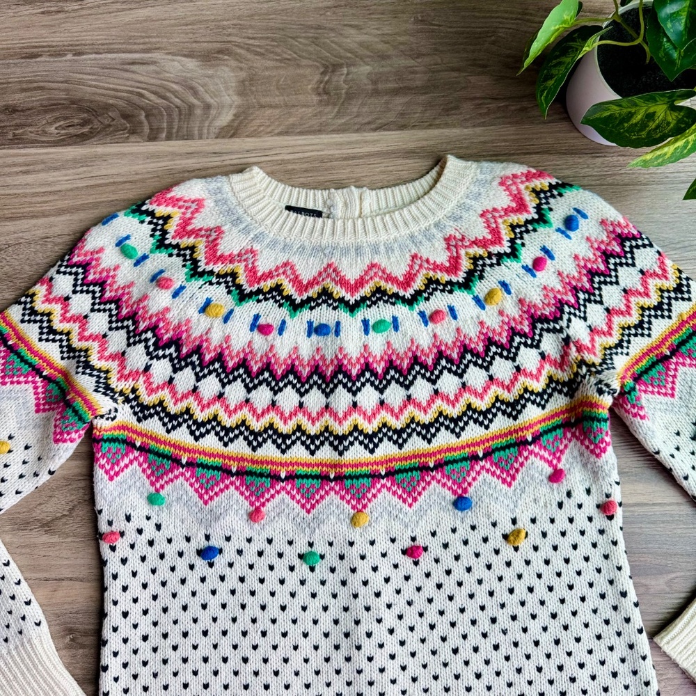 Talbots Multi-Colored Fair Isle Pom Pom Button Back Sweater Women's size M - Picture 3 of 12